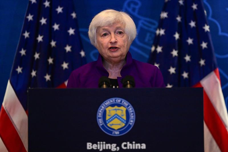 美国财政部部长珍妮特·耶伦在美国驻华大使馆举行新闻发布会